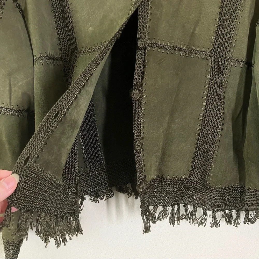 VINTAGE Suede Jacket & Skirt Set Crochet Western Cowgirl Boho Olive Green 2X - Picture 5 of 16